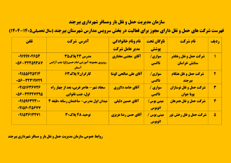 فهرست شرکت های حمل و نقل دارای مجوز برای فعالیت در بخش سرویس مدارس